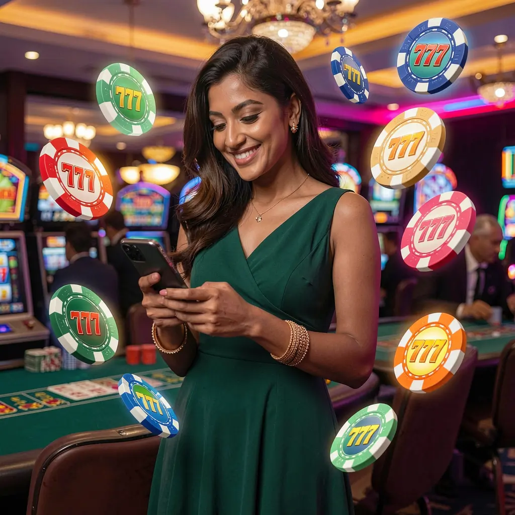 Smiling Bangladeshi woman using the 9V999 casino app on her phone as golden chips and 777 slot symbols glow around her