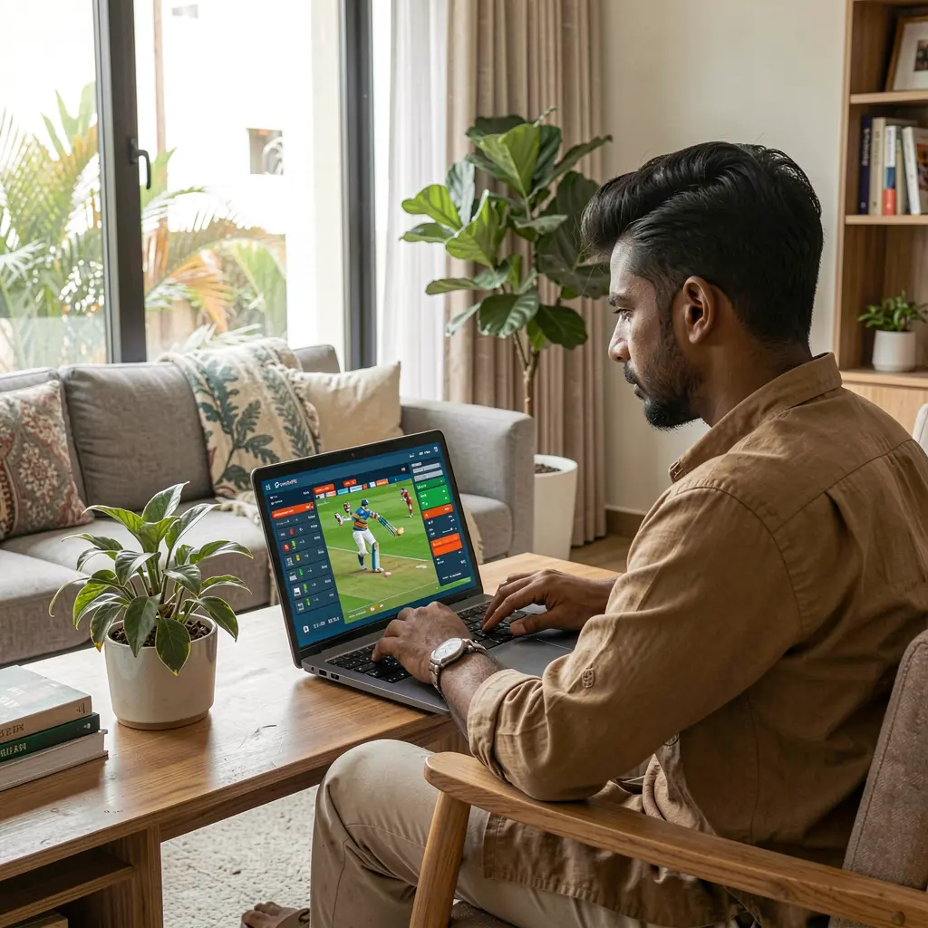 Focused Bangladeshi player analyzing live cricket betting markets on the 9V999 platform using a laptop in a modern living room