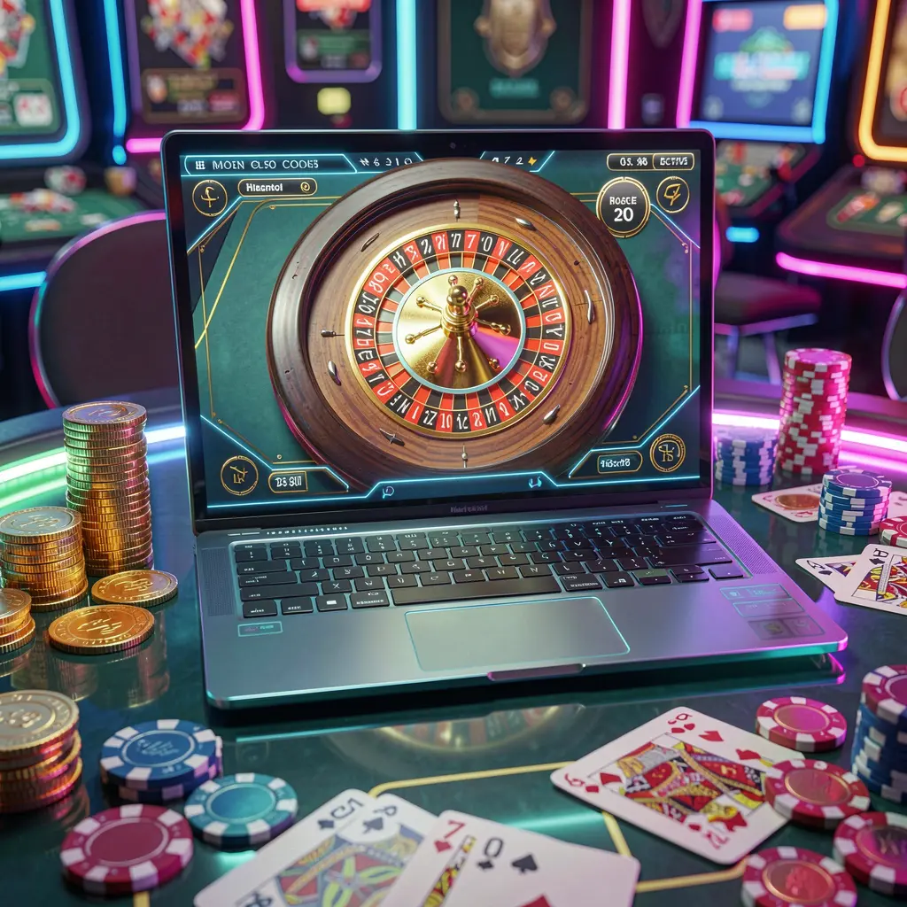 Modern laptop displaying a vibrant online roulette wheel with stacks of gold coins and casino chips highlighting the immersive casino gameplay at 9V999