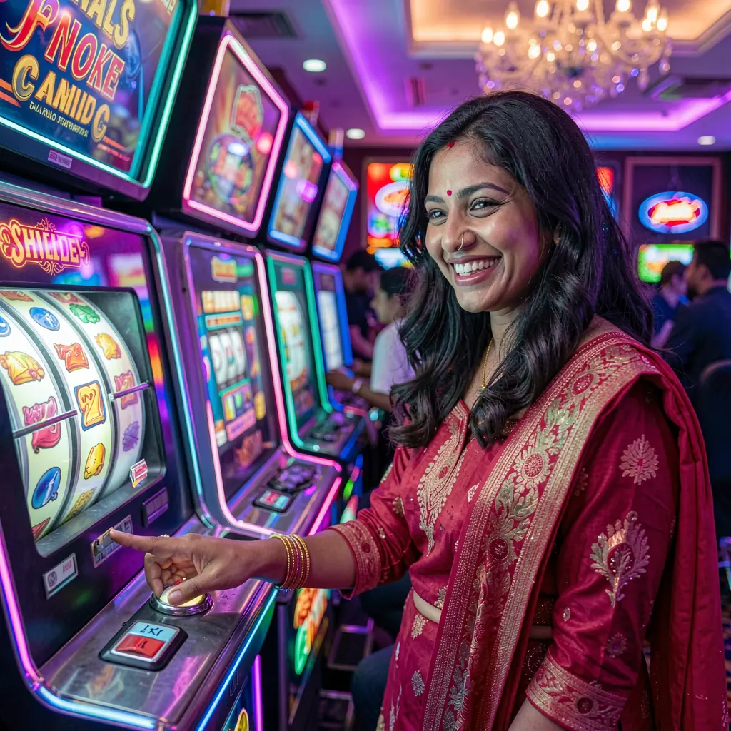 Confident Bangladeshi player enjoying modern slot machines with bright reels and casino lights at 9V999 online casino platform
